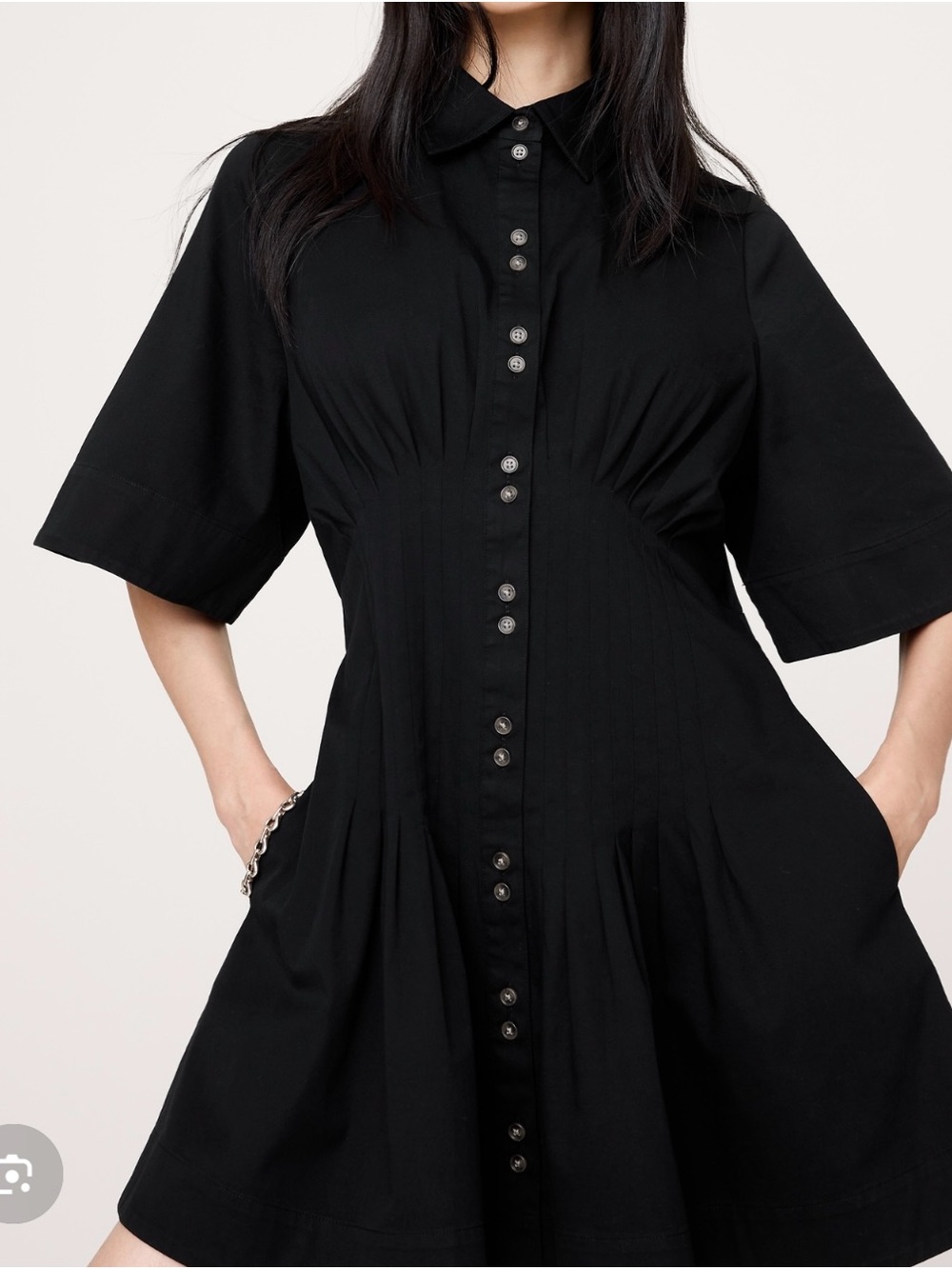 Button-Front Black Short Dress with Collar